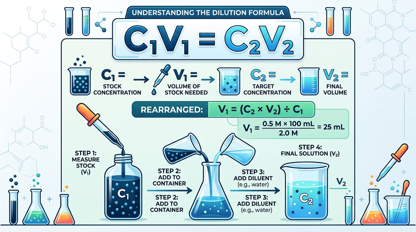 How to do a dilution calculation formulas showing C1V1=C2V2 and dilution factor methods