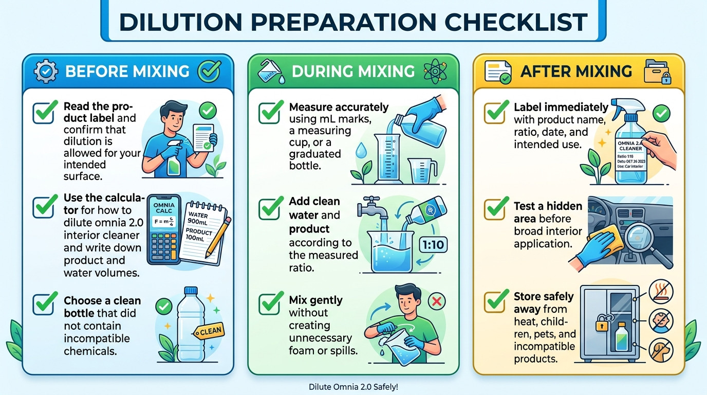 how to dilute omnia 2.0 interior cleaner checklist for ratio bottle labeling and surface testing