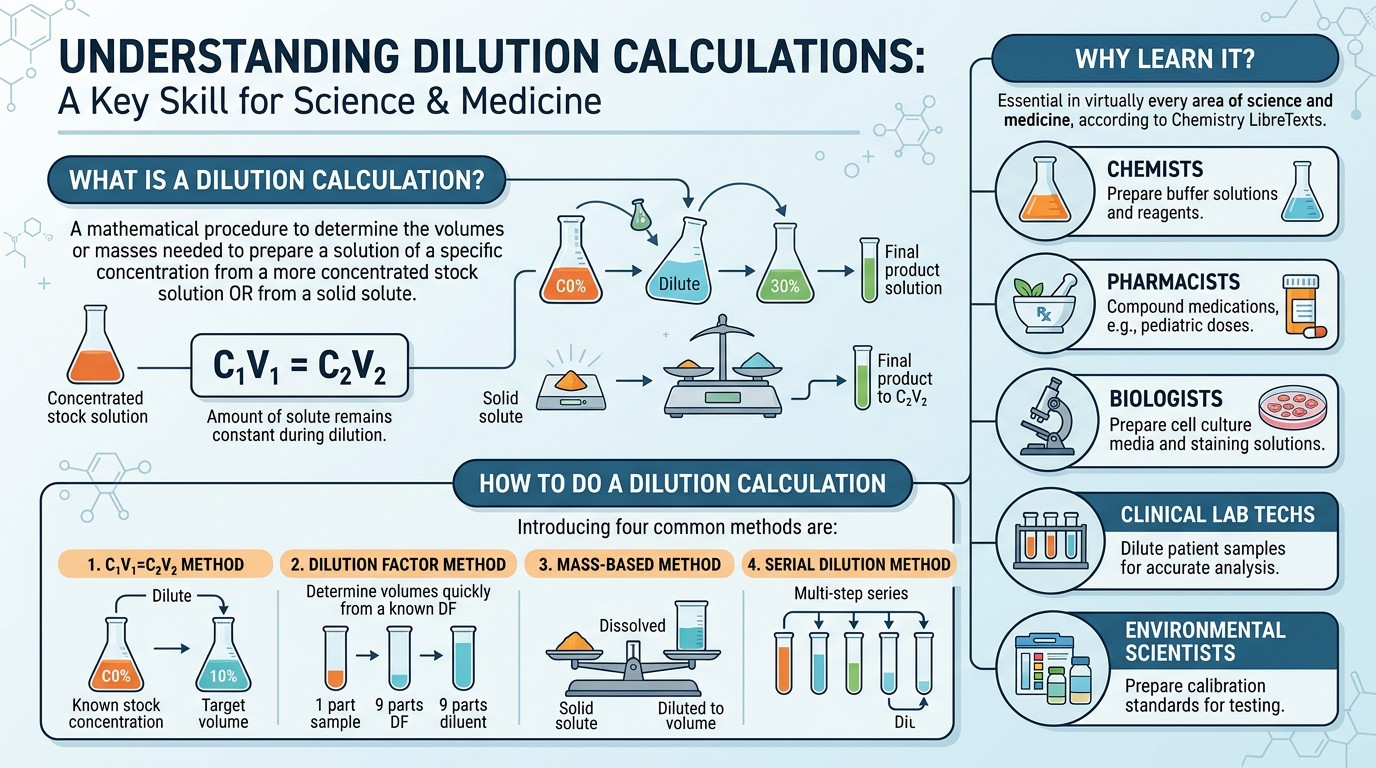 How to do a dilution calculation with laboratory pipettes, volumetric flasks, and graduated cylinders