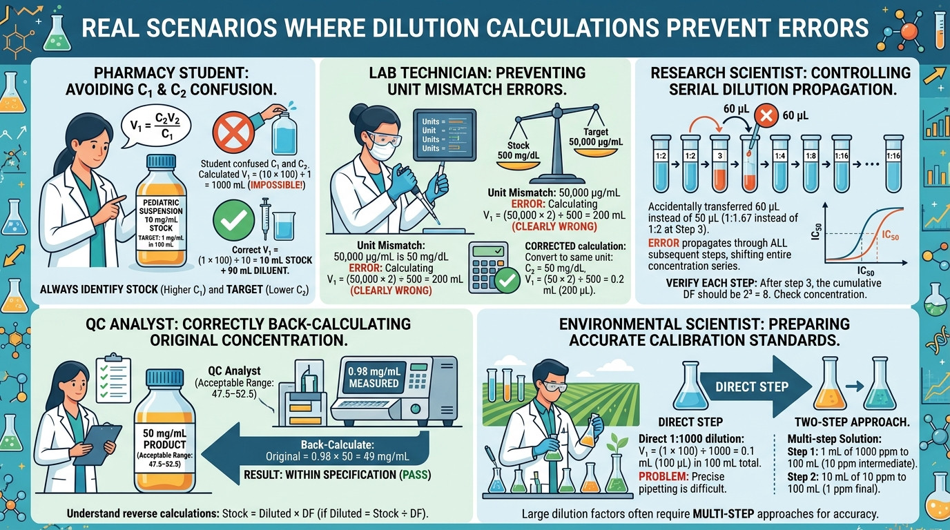 How to do a dilution calculation scenarios in pharmacy, clinical laboratory, and research settings