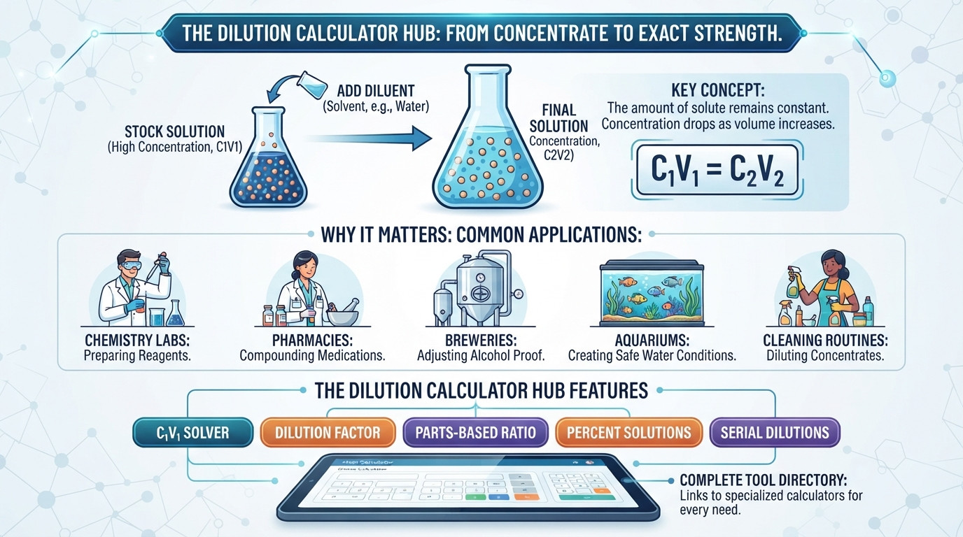 Dilution calculator illustrated with laboratory volumetric flasks and pipettes preparing a diluted solution