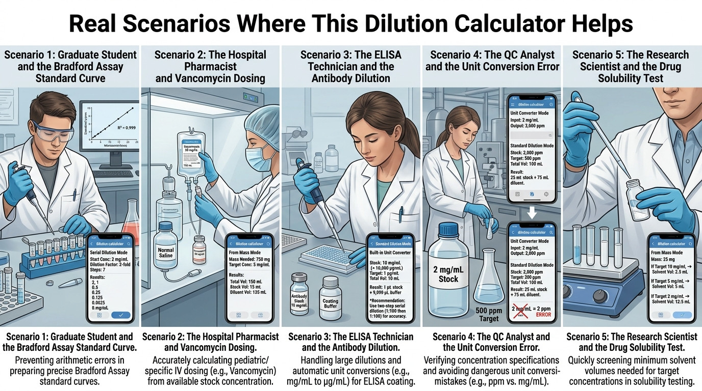 Real mg/mL dilution scenarios in protein chemistry, pharmacy, and clinical laboratory settings