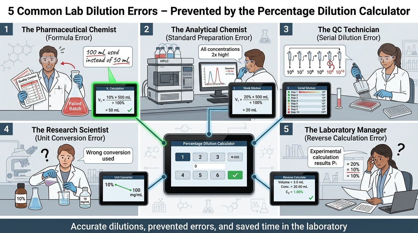 Percentage dilution scenarios in pharmaceutical, analytical, and research laboratories