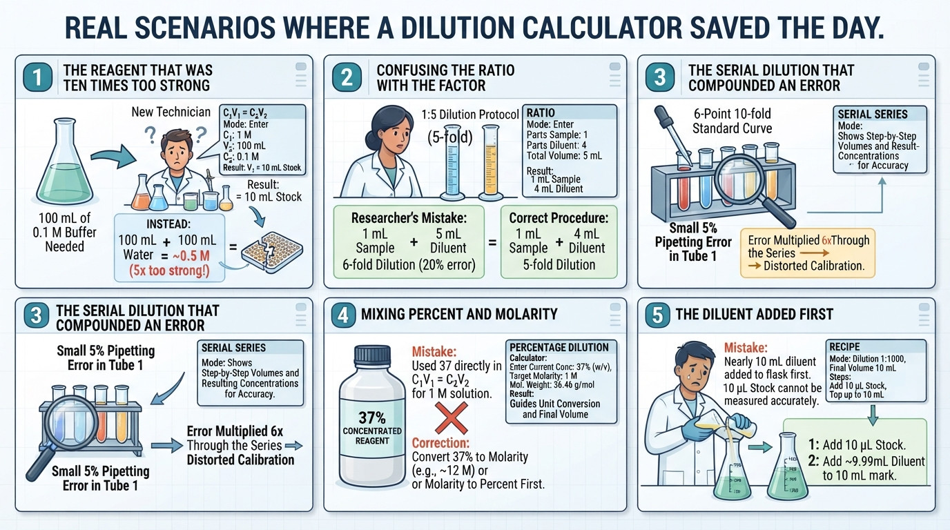 Real dilution calculator scenarios showing pipetting into volumetric flasks for accurate preparation