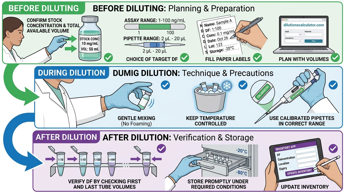 how do you calculate the dilution factor – preparation checklist, labeling, pipetting, storage