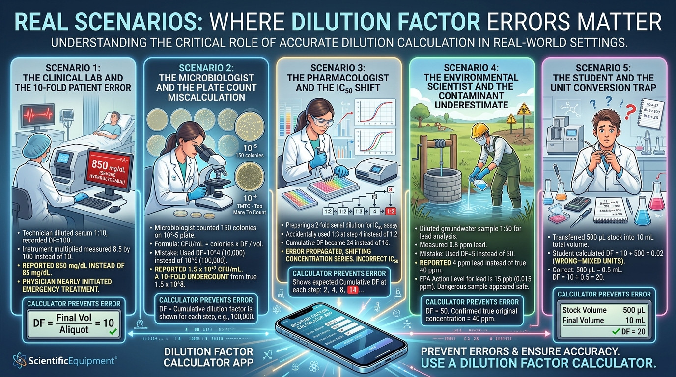 Dilution factor calculator scenarios in clinical laboratory, microbiology, and environmental testing