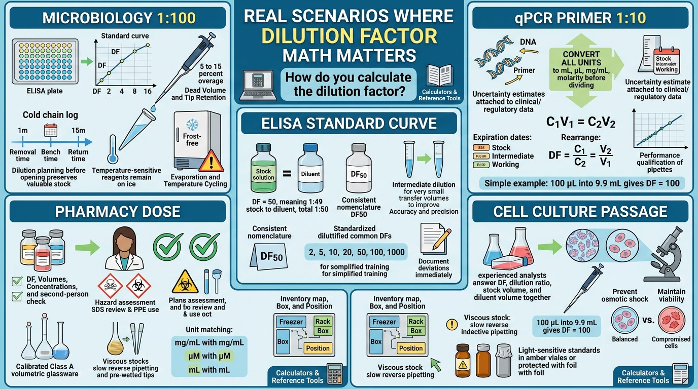 how do you calculate the dilution factor in real lab scenarios – microbiology, PCR, ELISA, pharmacy
