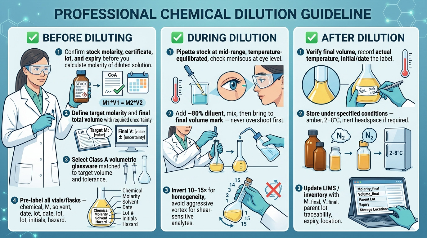how to calculate molarity of diluted solution checklist C1V1 pipetting labeling storage
