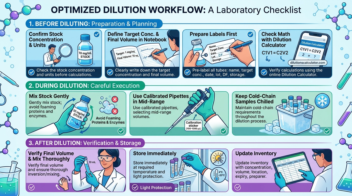how to calculate a dilution – preparation checklist pipetting labeling storage