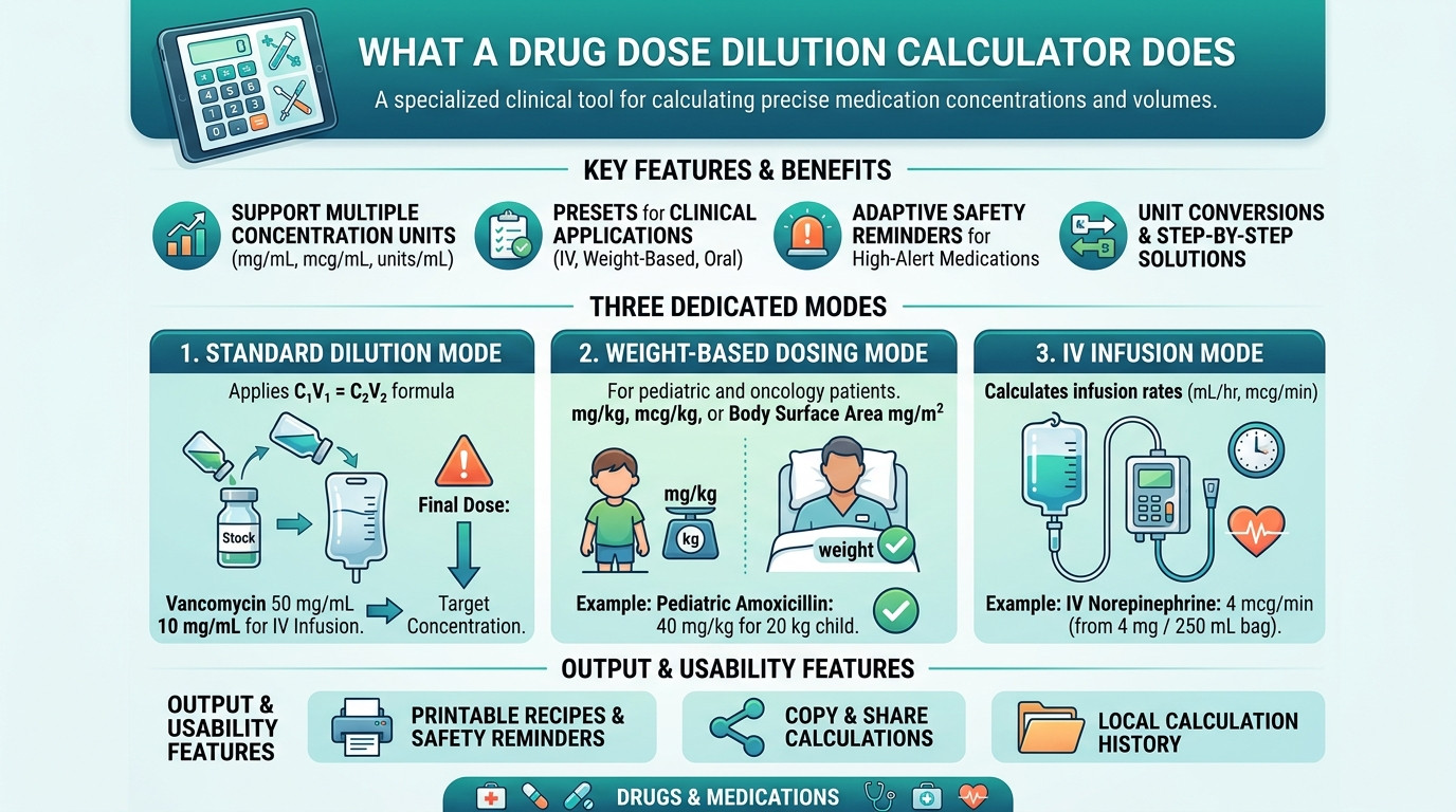 Drug dose dilution calculator in clinical practice with IV bags and medication vials