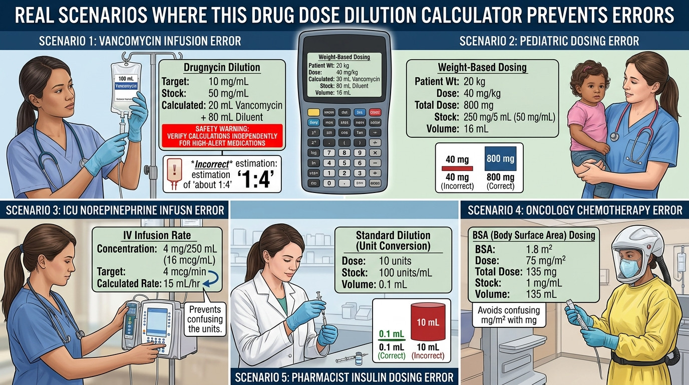 Real drug dose dilution scenarios in IV infusions, pediatric dosing, and oncology