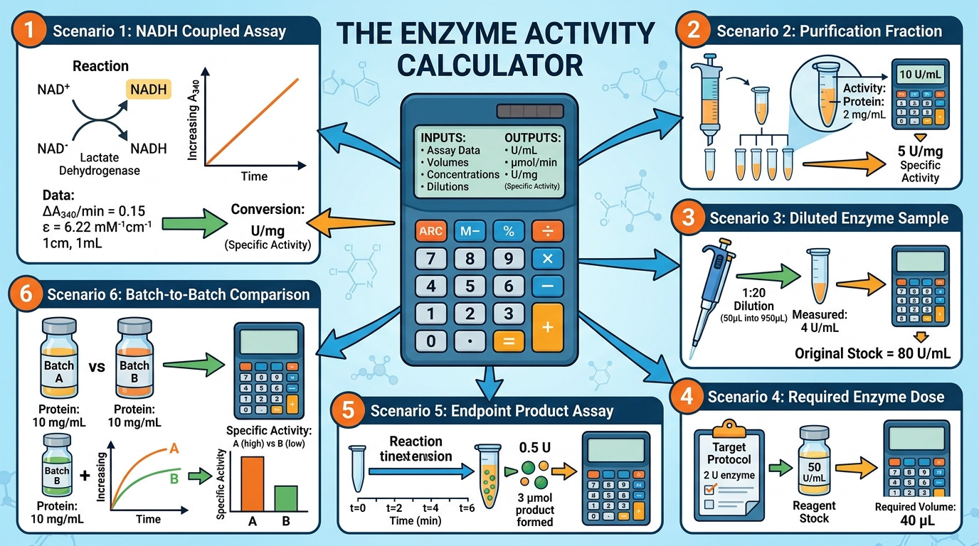 Enzyme activity scenarios for NADH assays purification specific activity dilution correction and enzyme dosing