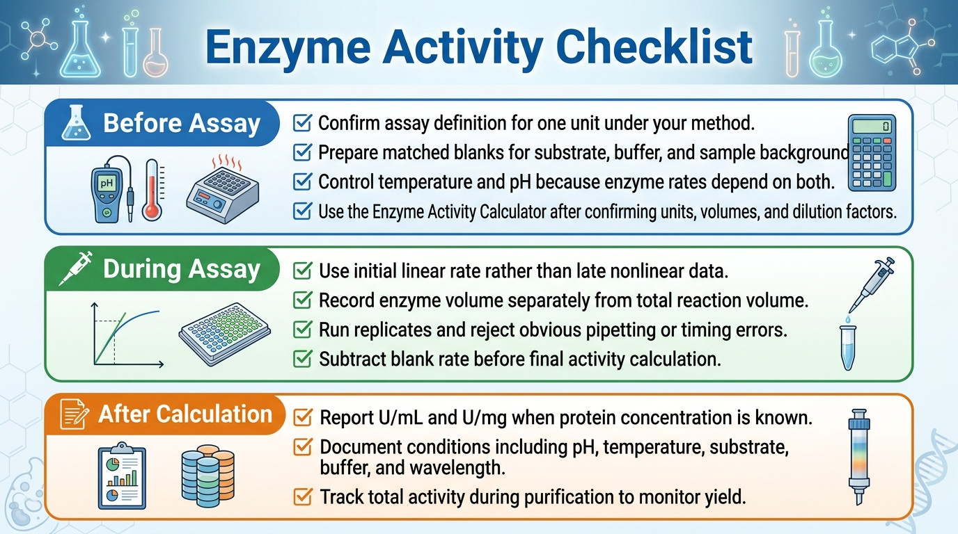 Enzyme activity checklist for blanks linear rate dilution factor specific activity and assay conditions