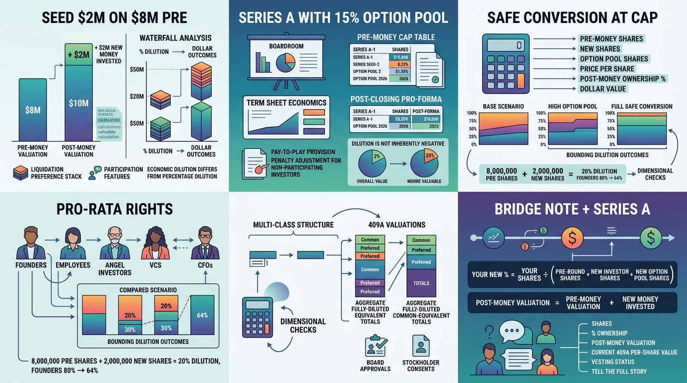 how to calculate equity dilution real scenarios seed Series A SAFE pro-rata