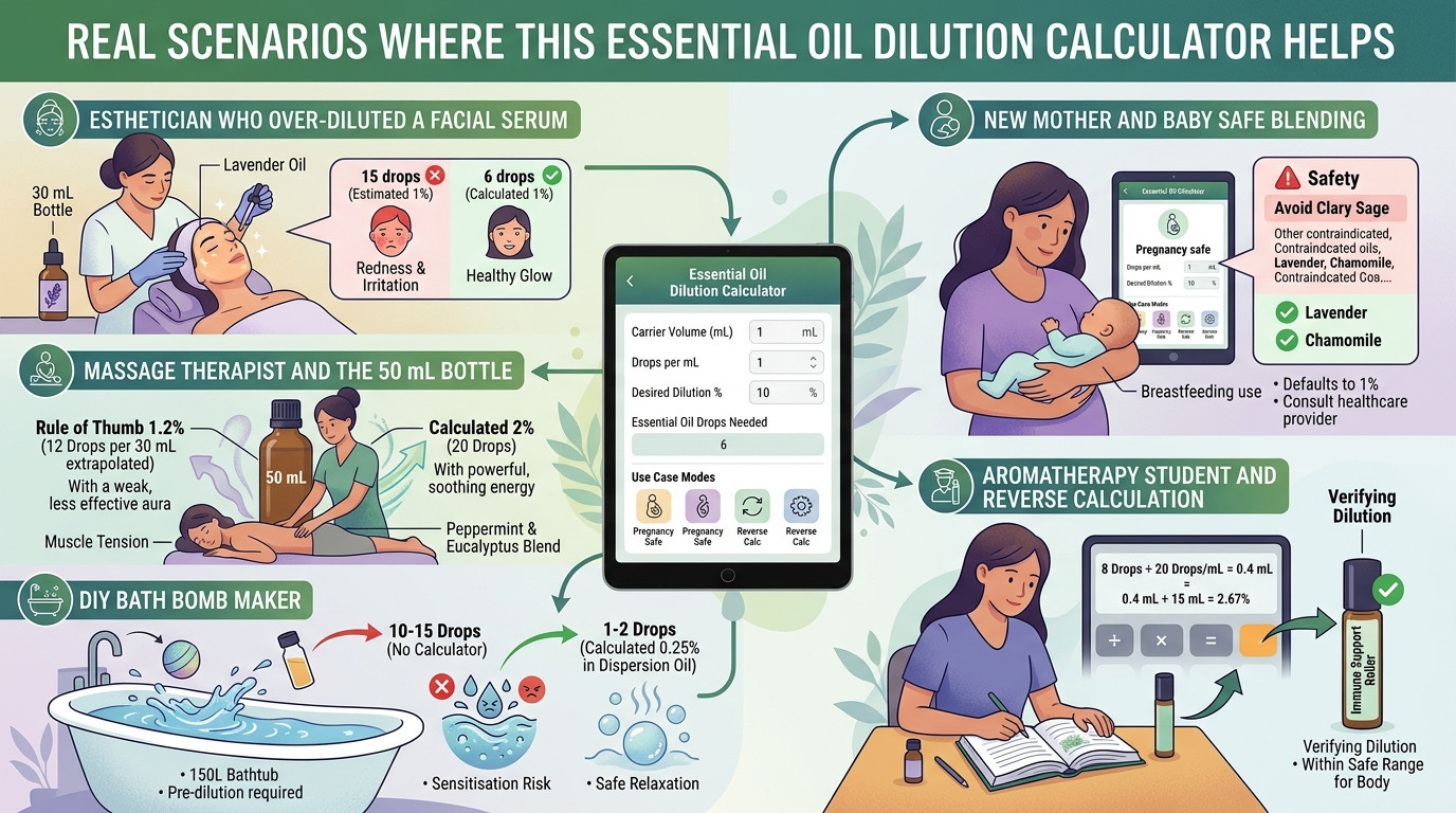 Essential oil dilution scenarios showing roller bottles and carrier oil blending