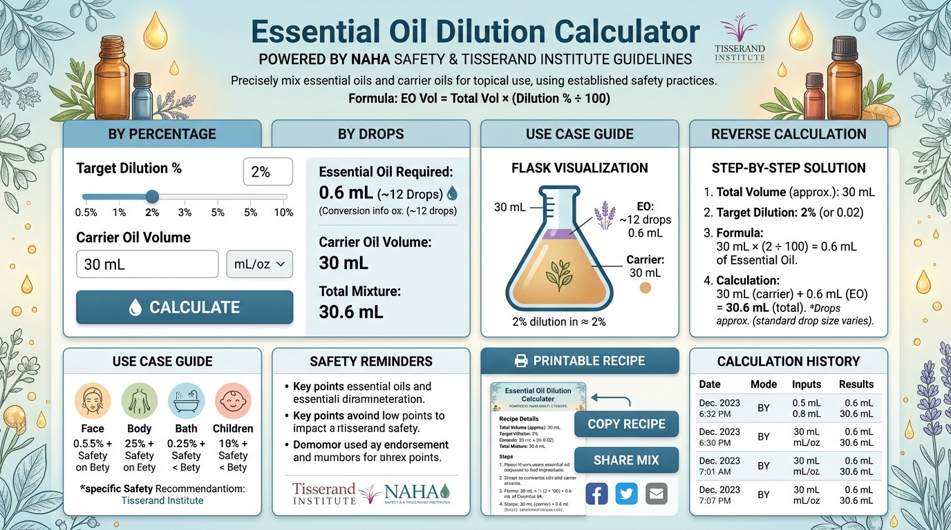Essential oil dilution calculator with carrier oil bottles and droppers for safe blending