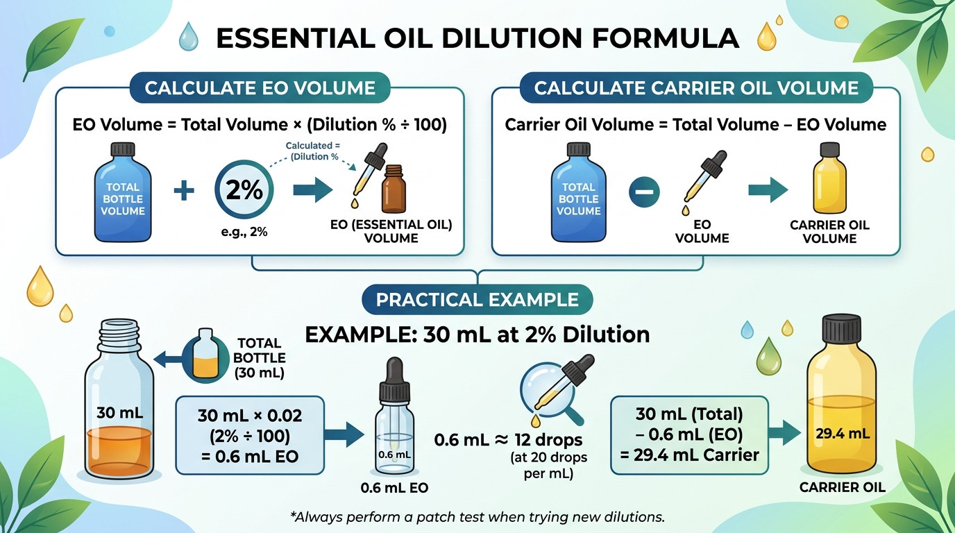 Essential oil dilution formulas showing percentage calculations and drops conversion