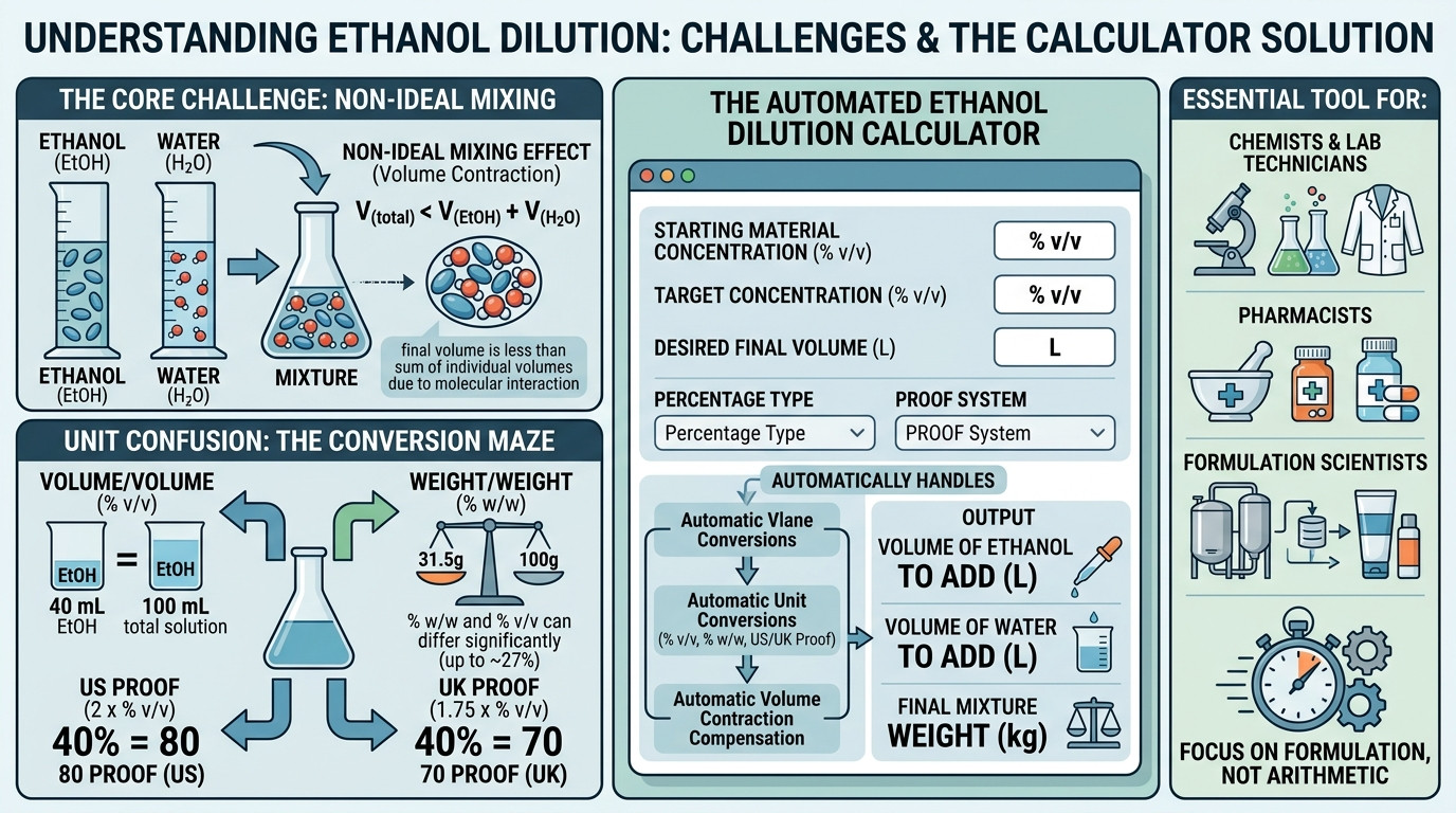 Ethanol dilution calculator with laboratory glassware, ethanol bottles, and hand sanitizer