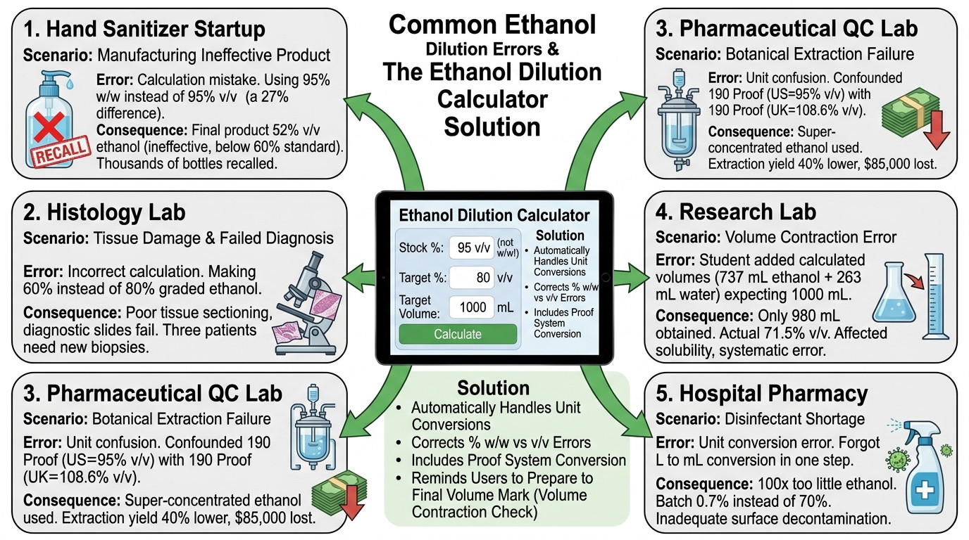 Ethanol dilution calculator scenarios in laboratories, pharmaceutical manufacturing, and healthcare