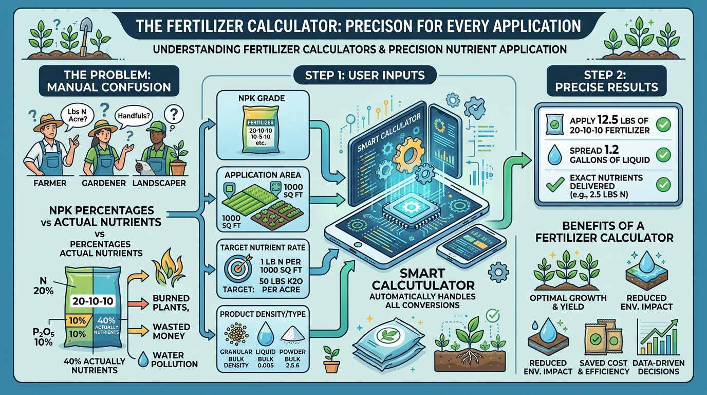 Fertilizer calculator with lawn, garden, fertilizer bags, and spreader equipment