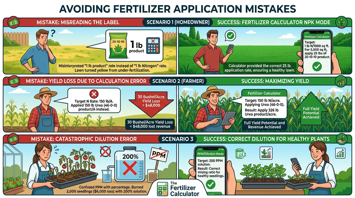 Fertilizer calculator scenarios in lawn care, farming, greenhouse management, and landscaping