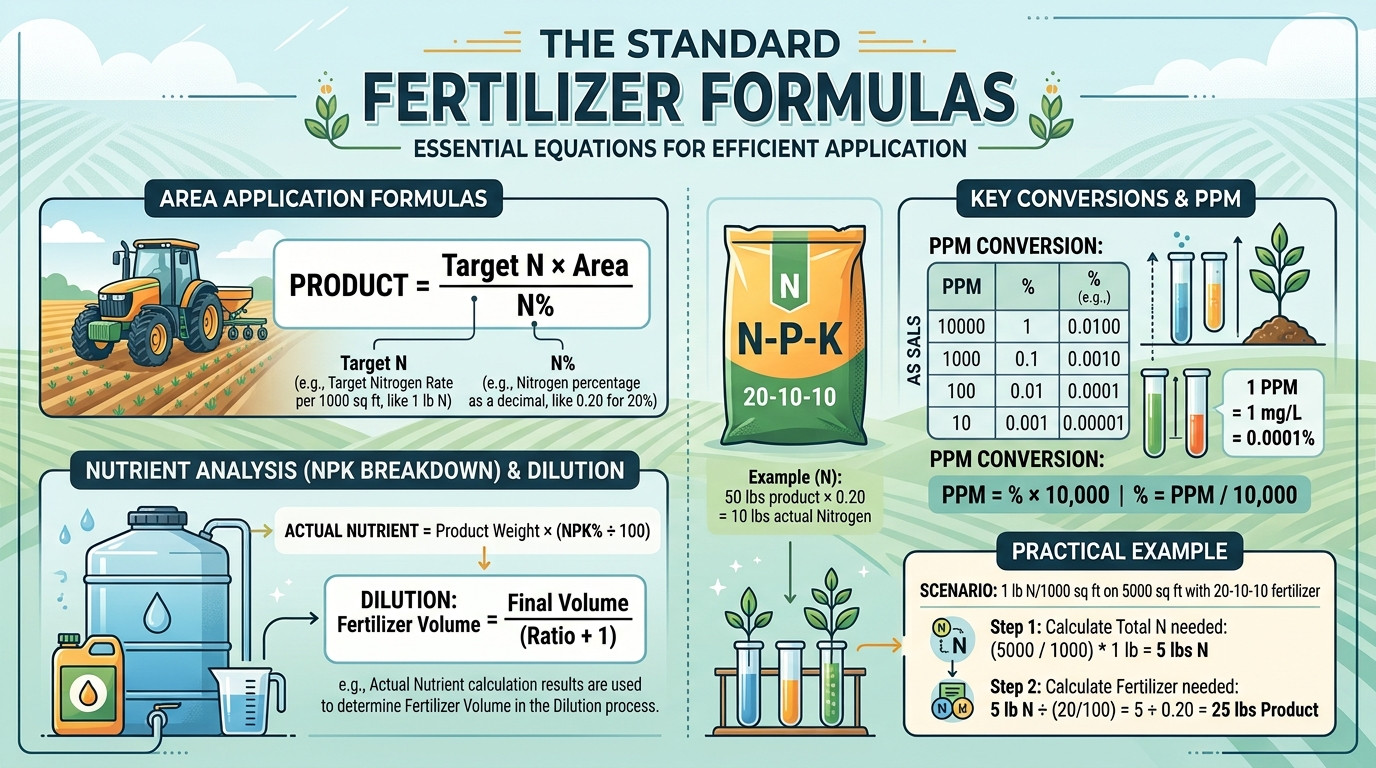 Fertilizer calculator formulas showing NPK calculation, area application, and PPM conversion