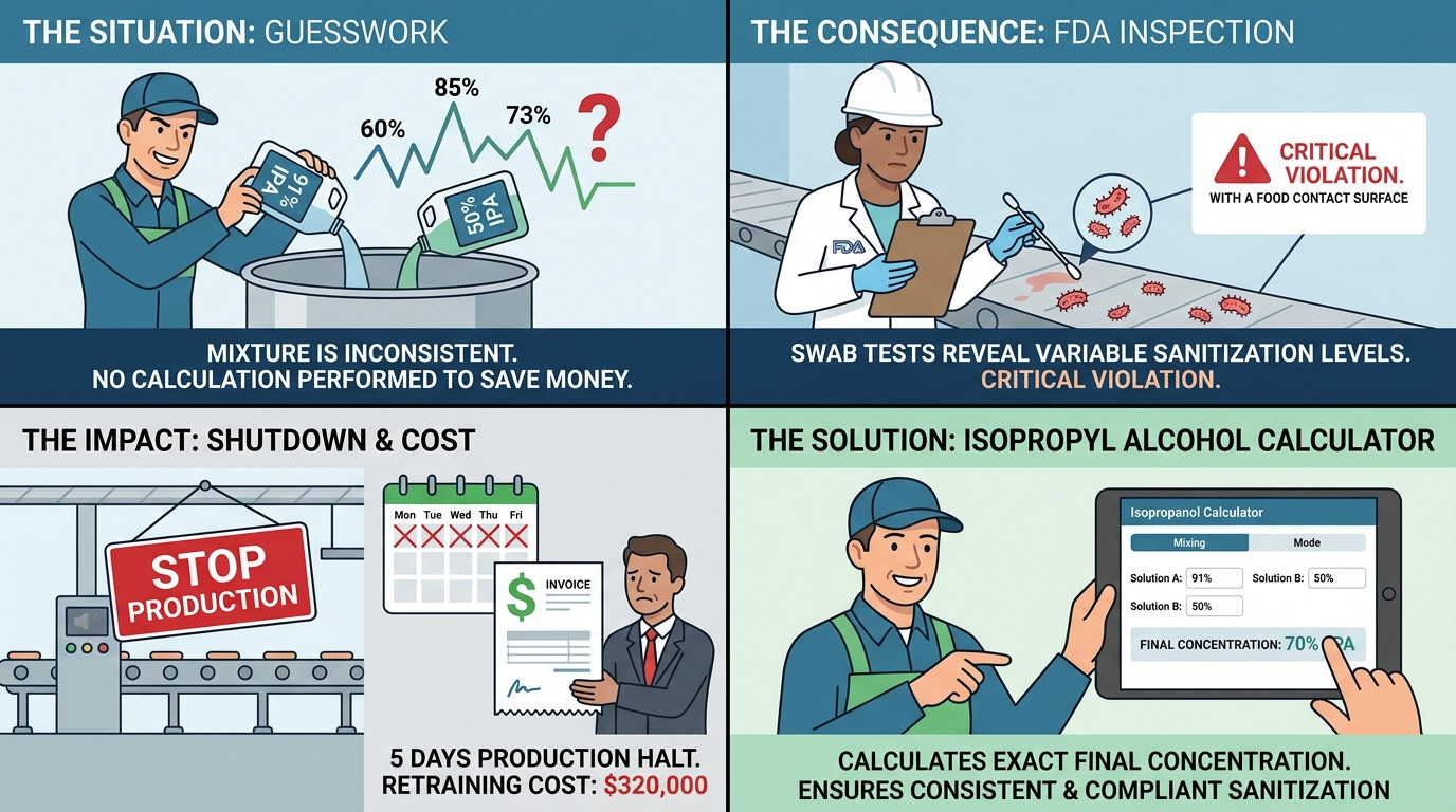 Isopropyl alcohol calculator scenarios in healthcare, electronics, and food processing