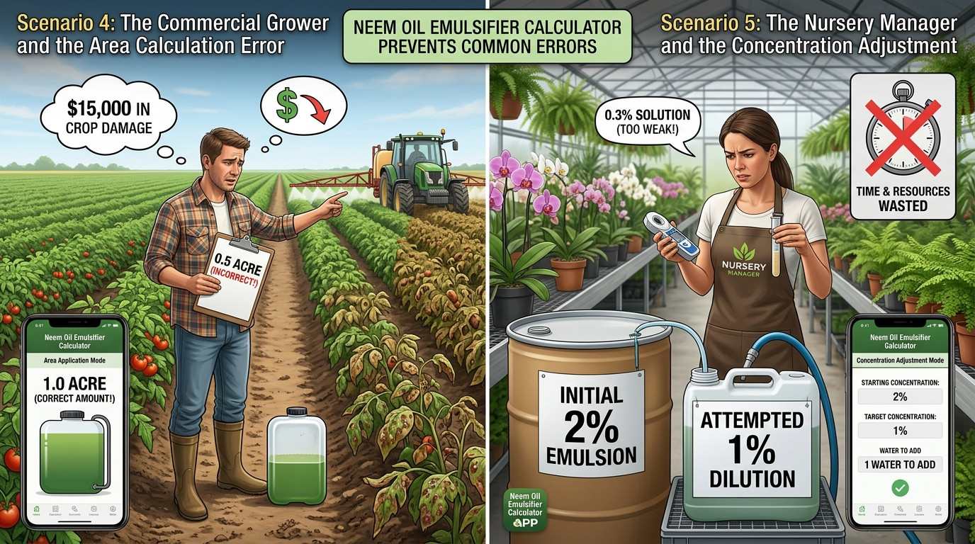 Neem oil emulsifier calculator scenarios in organic farming, greenhouse management, and commercial growing