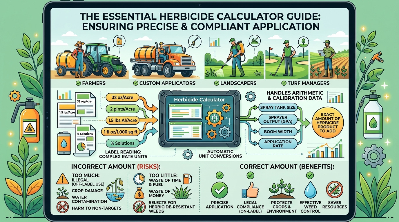 Herbicide calculator with spray tank, backpack sprayer, herbicide containers, and agricultural field