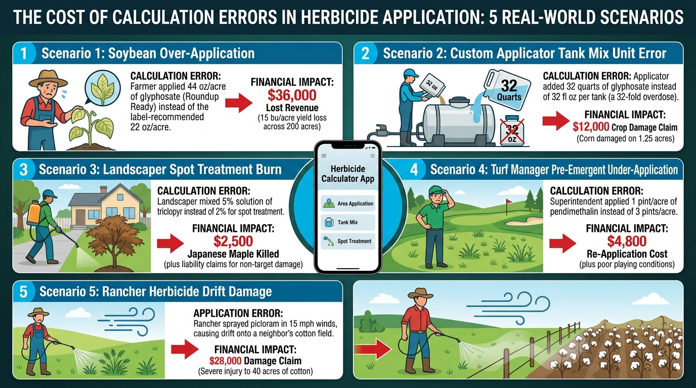 Herbicide calculator scenarios in farming, landscaping, turf management, and rangeland