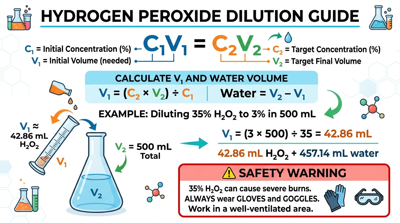 Core hydrogen peroxide dilution formulas showing C1V1=C2V2 and safety protocols