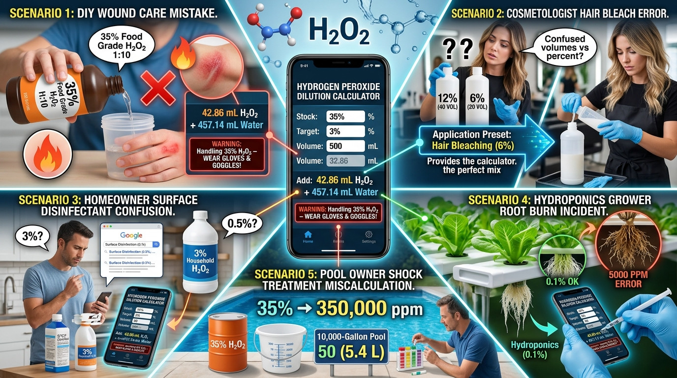 Real hydrogen peroxide dilution scenarios in healthcare, cosmetic, and agricultural settings