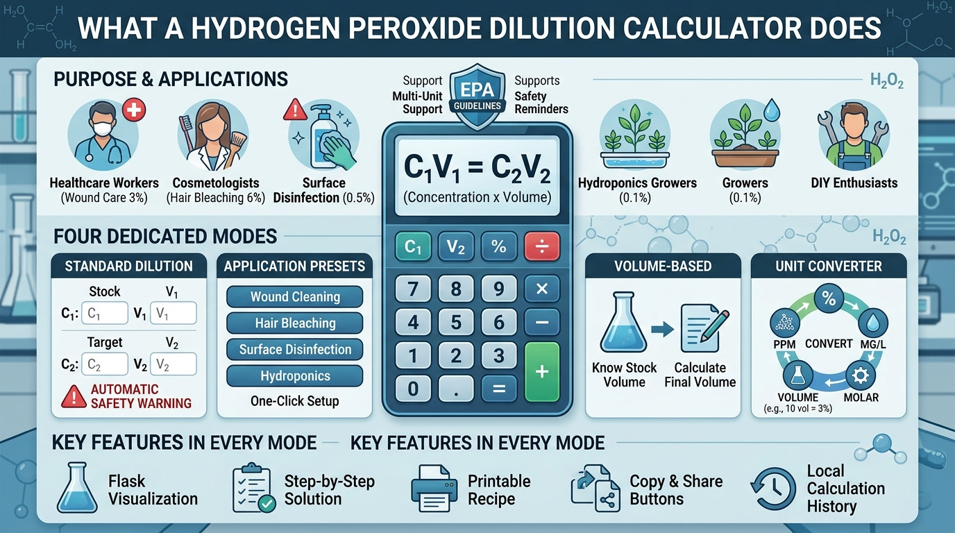 Hydrogen peroxide dilution calculator with brown bottles, measuring cups, and safety equipment
