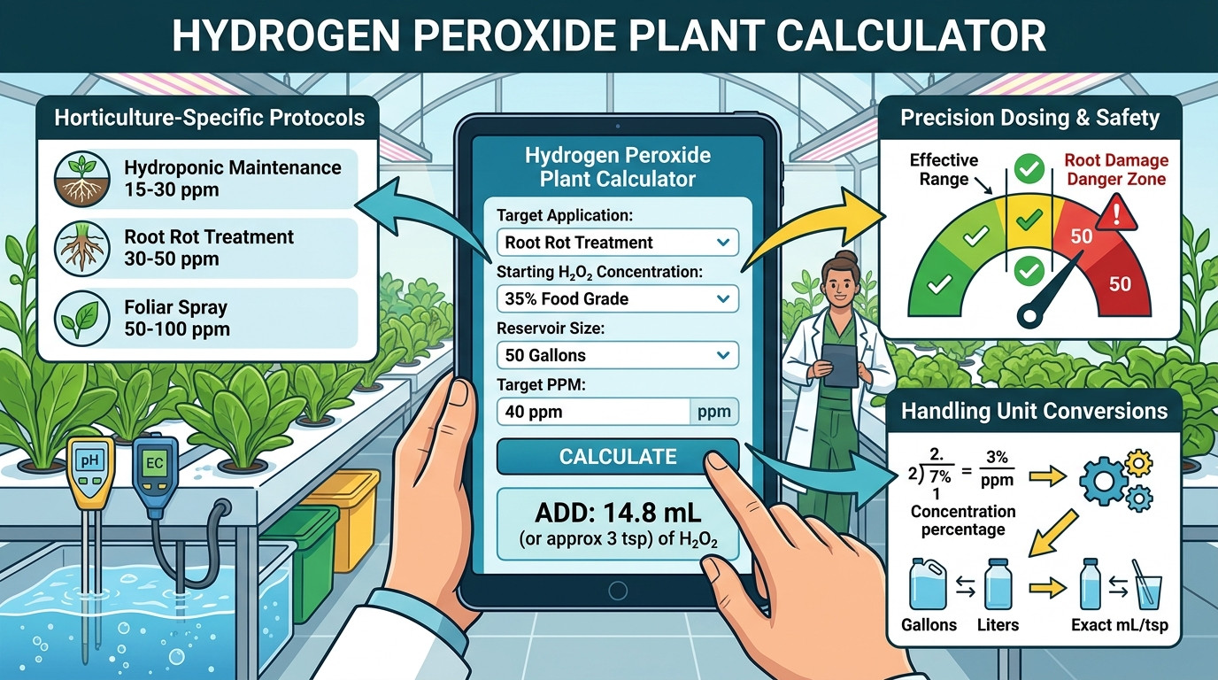 Hydrogen peroxide plant calculator with hydroponic system, measuring tools, and H2O2 bottles