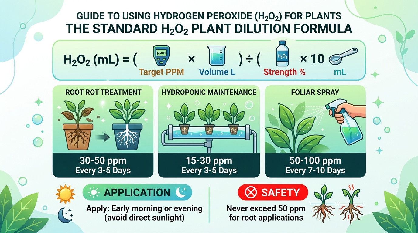 Hydrogen peroxide plant application formulas showing root rot treatment and hydroponic maintenance