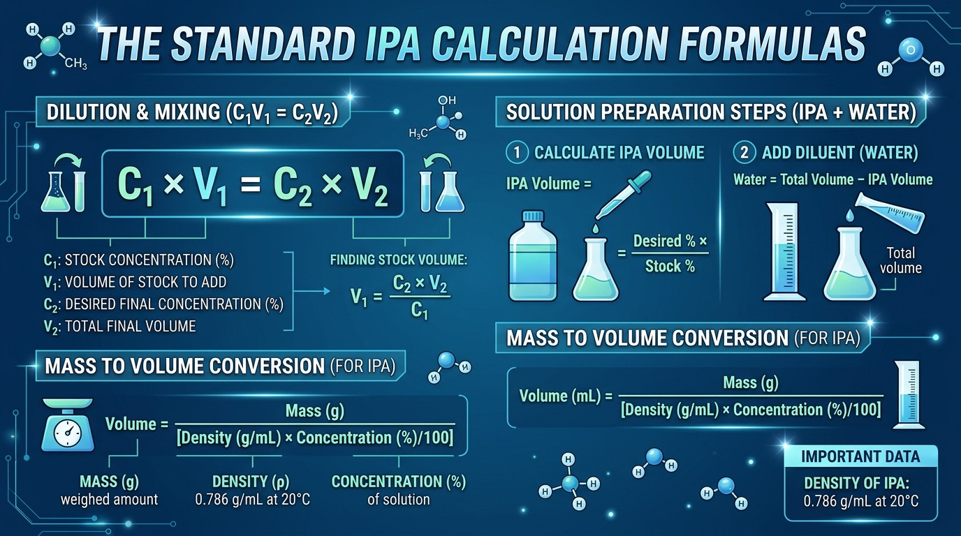 Isopropyl alcohol calculator formulas for dilution, mixing, and solution preparation