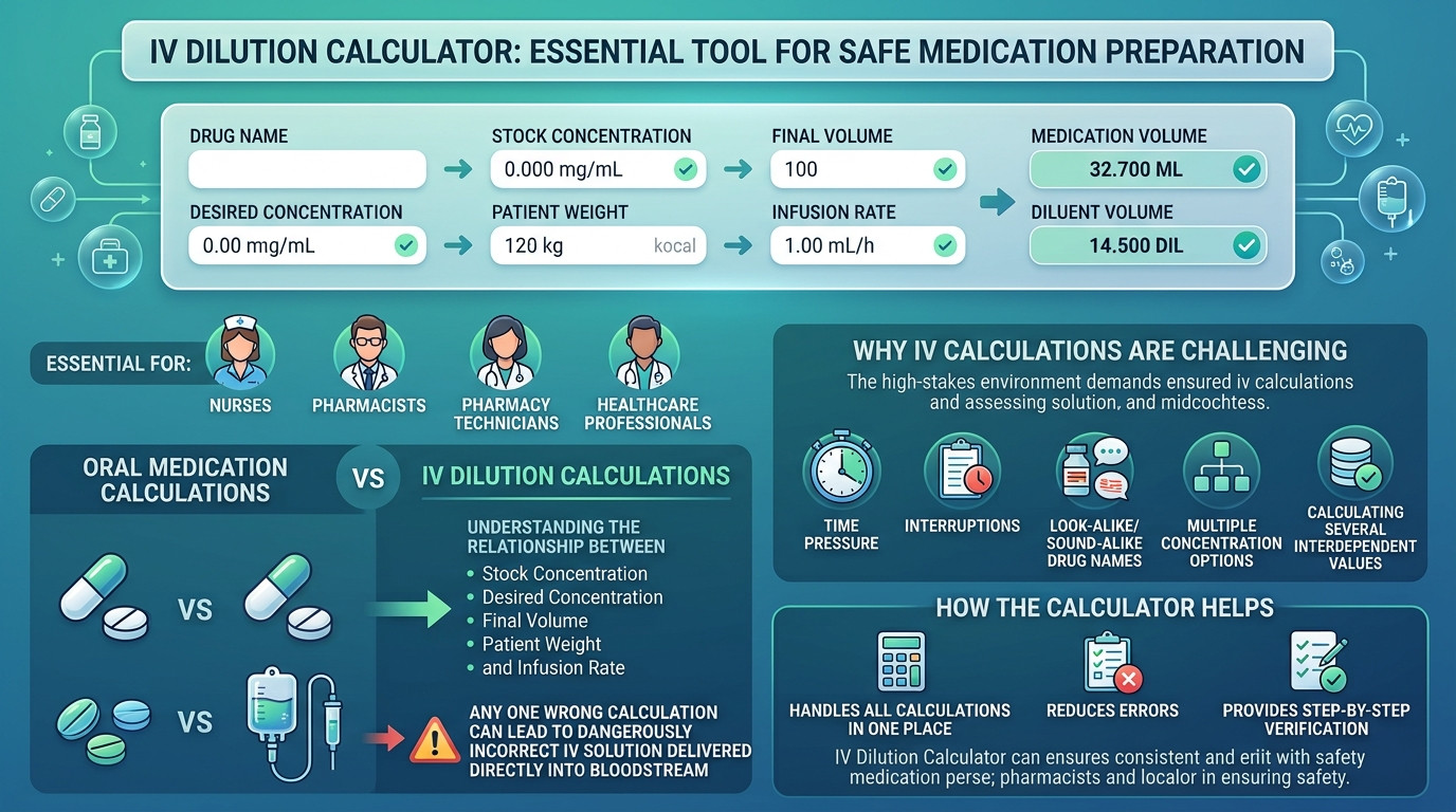 IV dilution calculator with IV bags, syringes, infusion pump, and medication vials