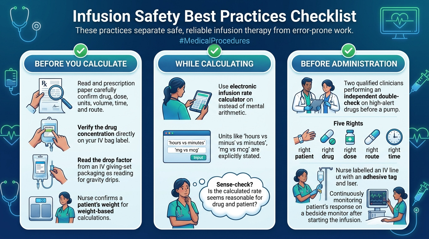 Infusion rate calculator safety best practices checklist in a hospital setting