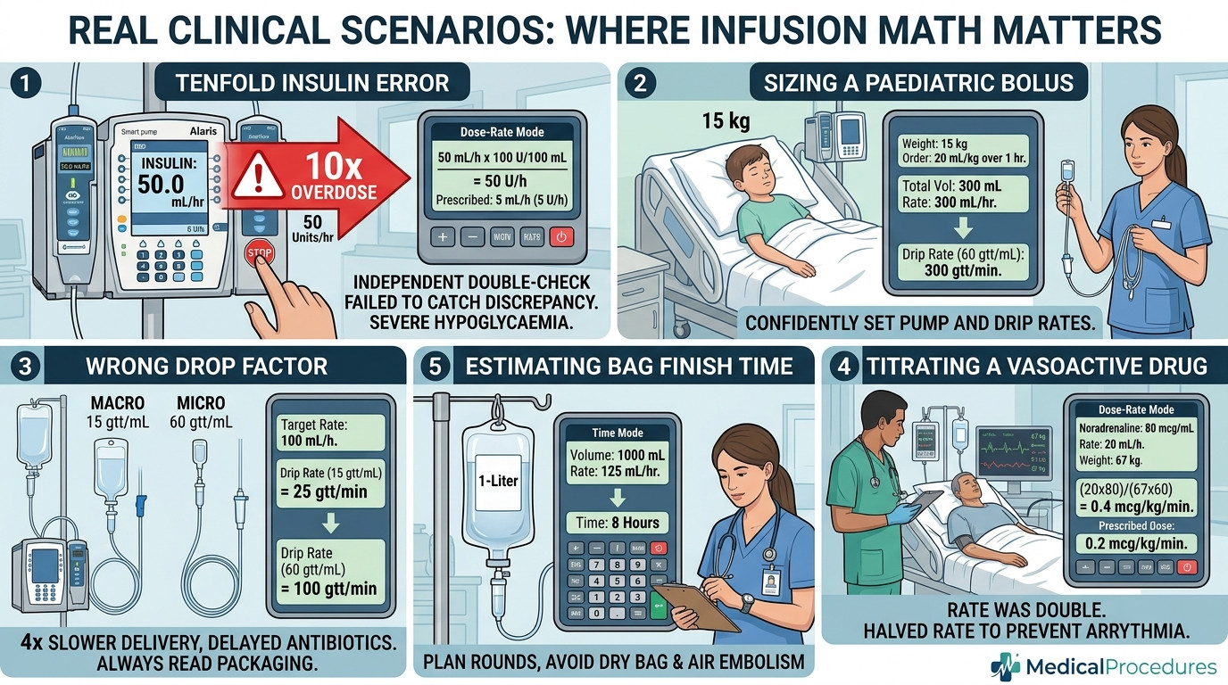 Infusion rate calculator scenarios in hospital ICU, paediatric ward, and emergency department