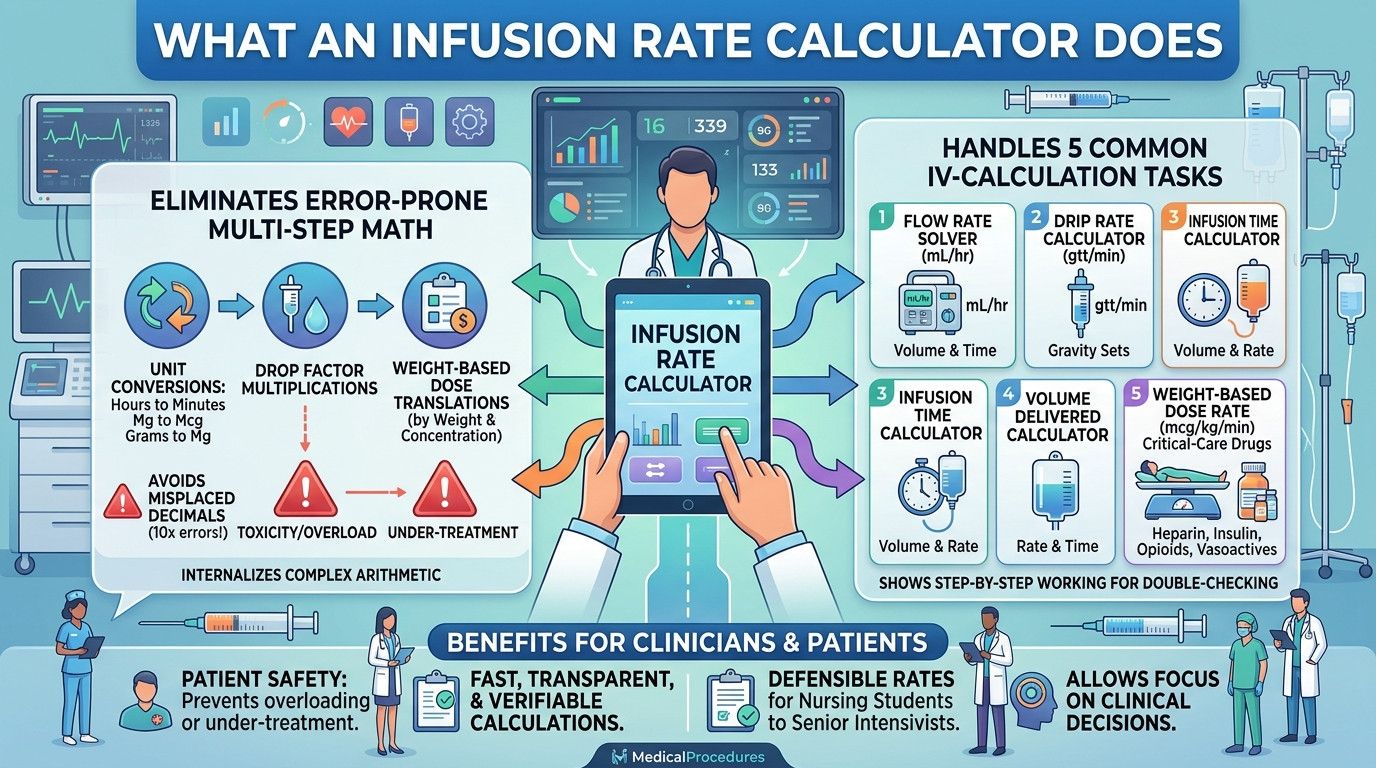 Infusion rate calculator with IV pump, drip chamber, and hospital monitoring equipment