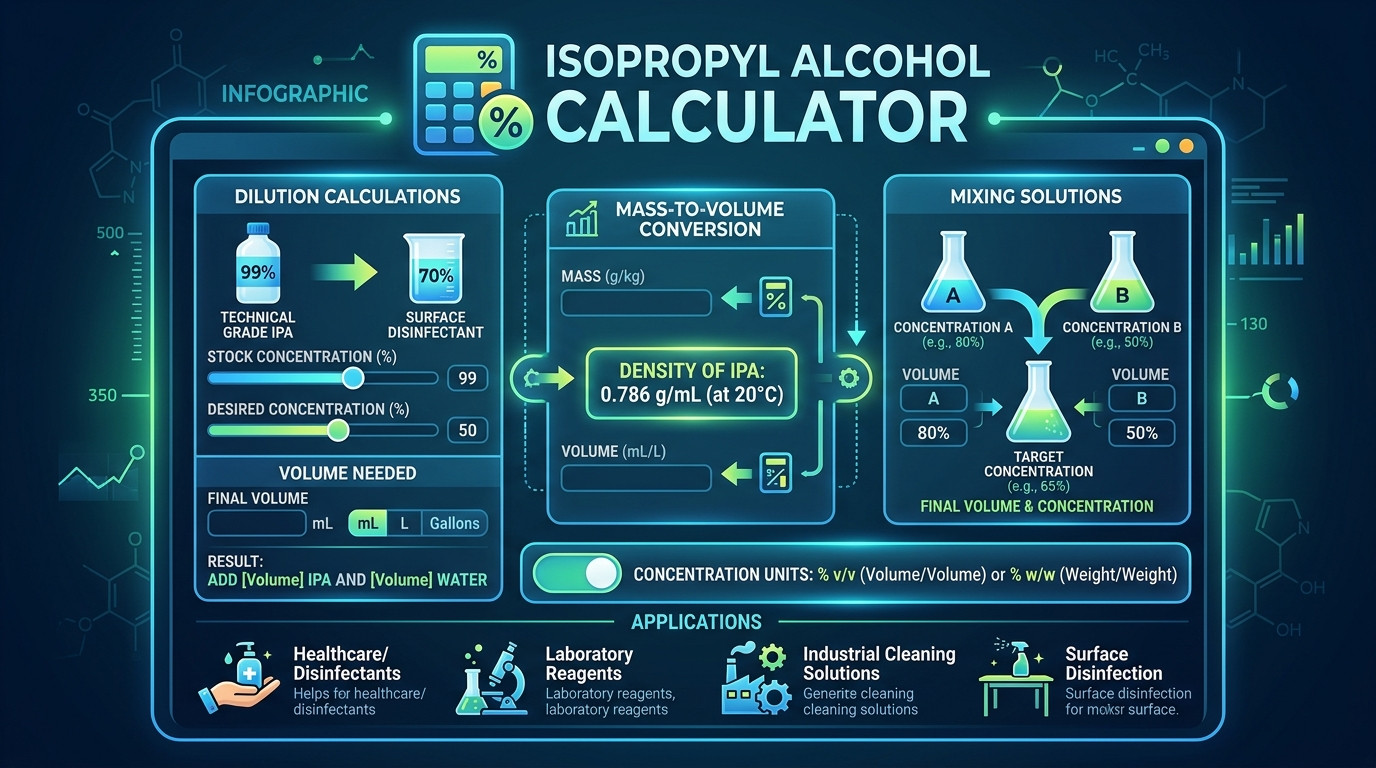 Isopropyl alcohol calculator with IPA bottles, laboratory glassware, and disinfection supplies