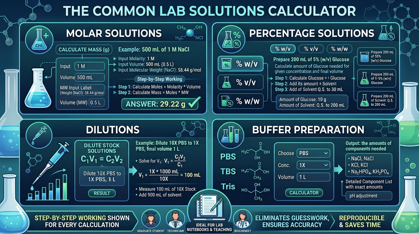 Common lab solutions calculator with laboratory glassware, buffers, and molecular biology reagents
