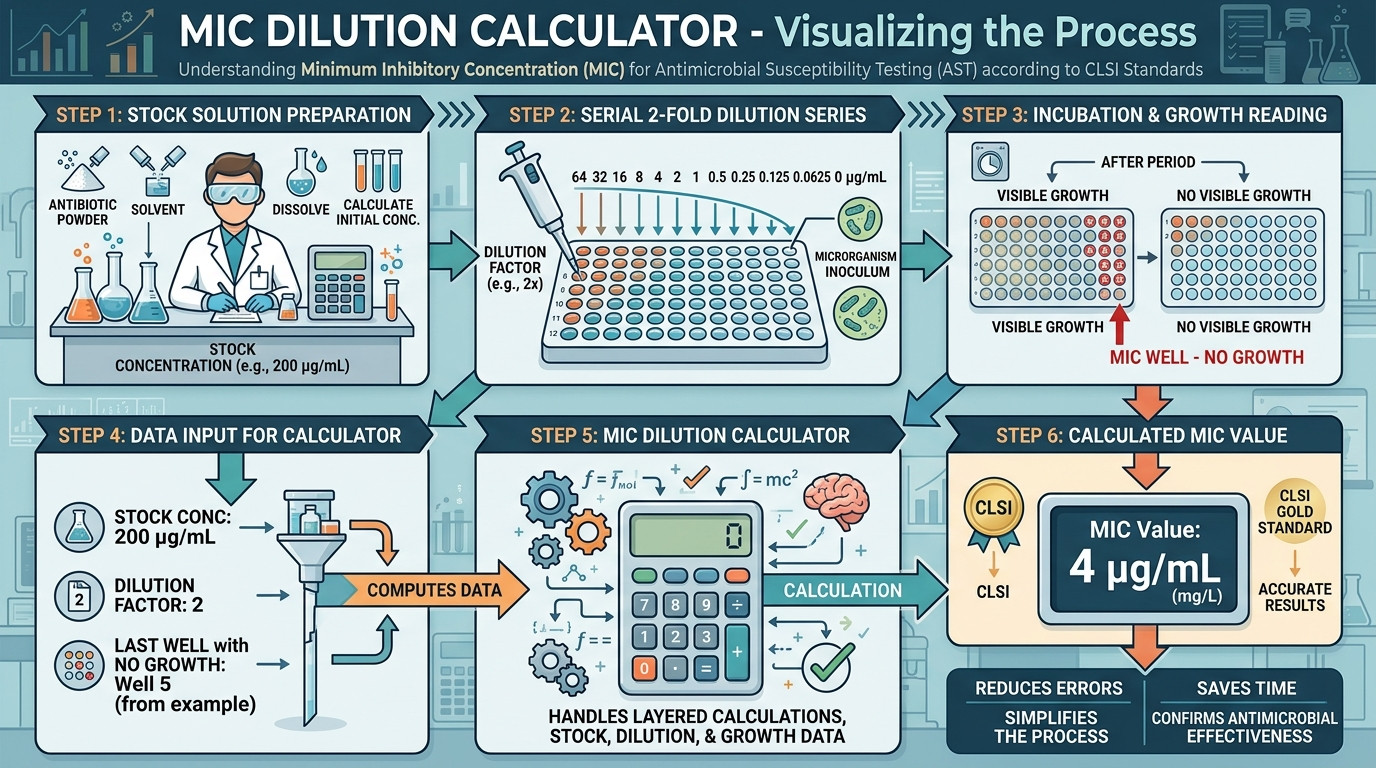 MIC dilution calculator with 96-well microtiter plate, pipettes, and antibiotic stock solutions