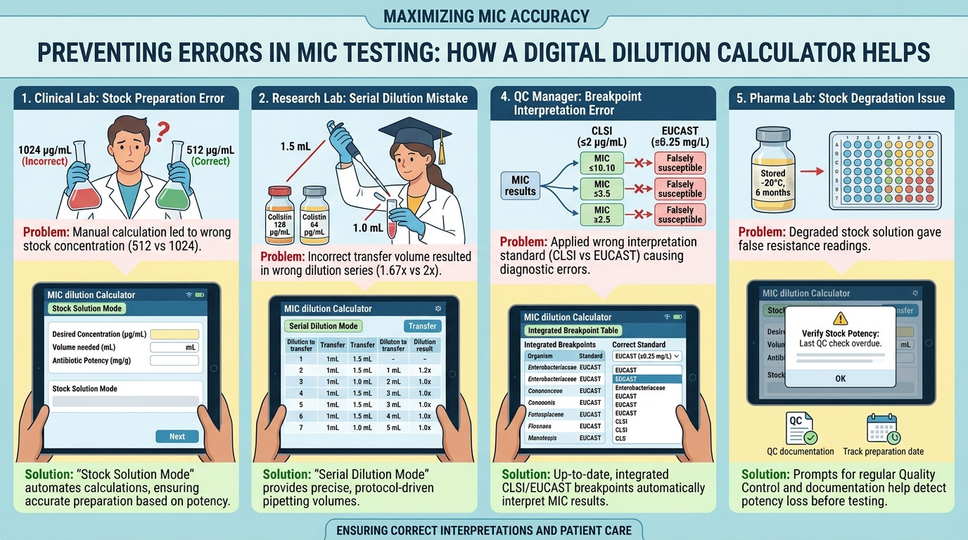 MIC dilution calculator scenarios in clinical microbiology, pharmaceutical research, and quality control