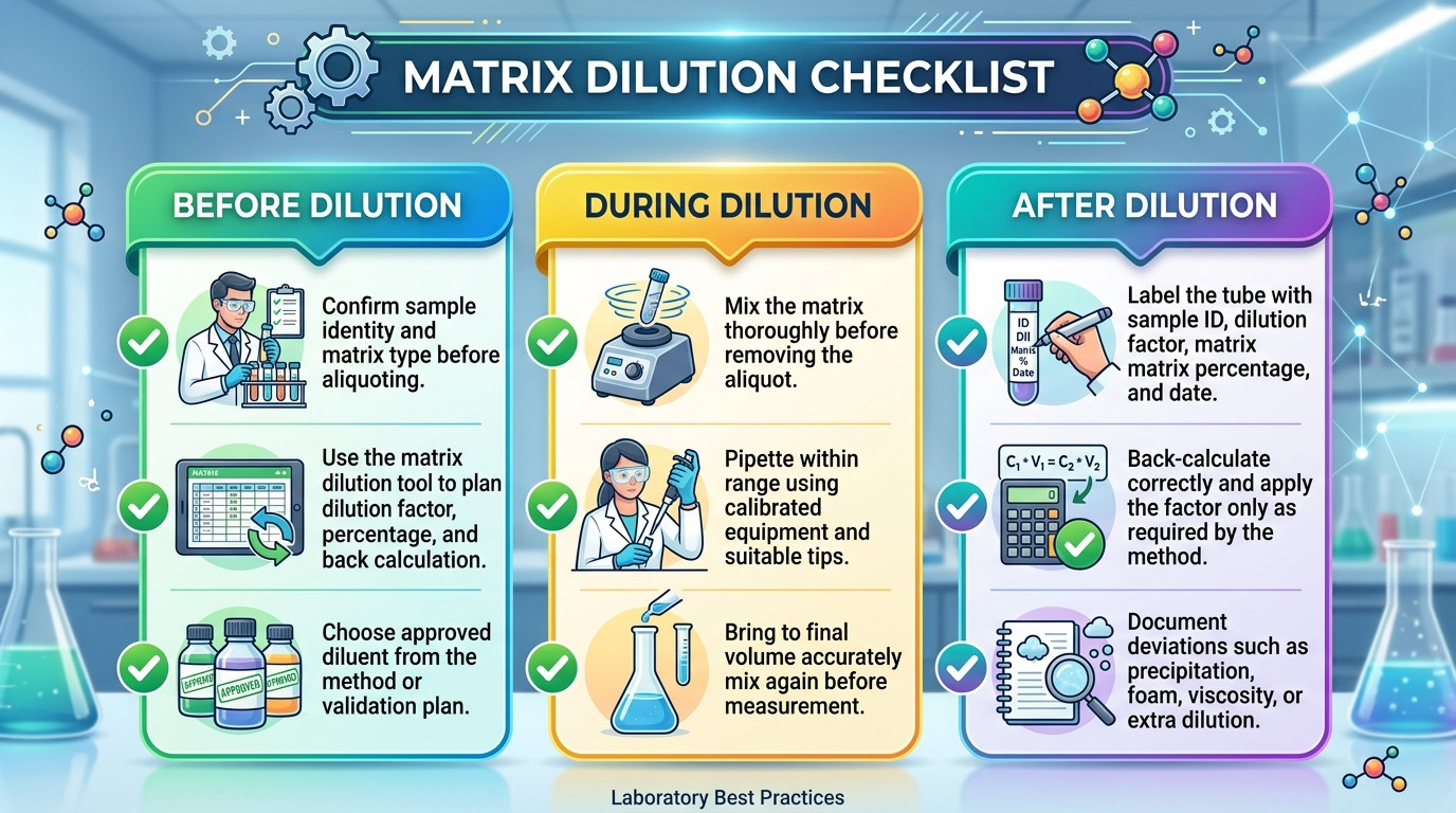 Matrix dilution checklist for sample identity diluent final volume and reporting factor