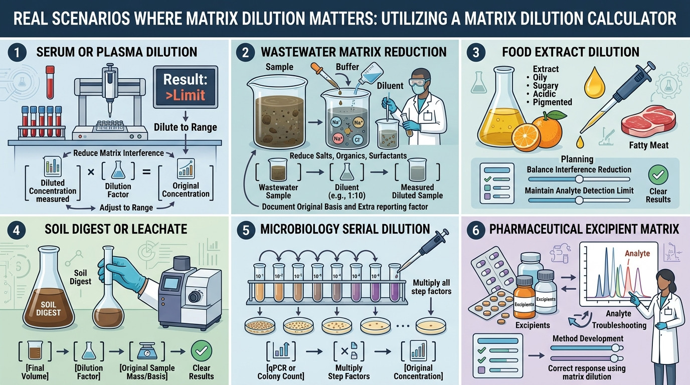 Matrix Dilution Calculator scenarios for serum wastewater food extracts soil microbiology and pharmaceuticals