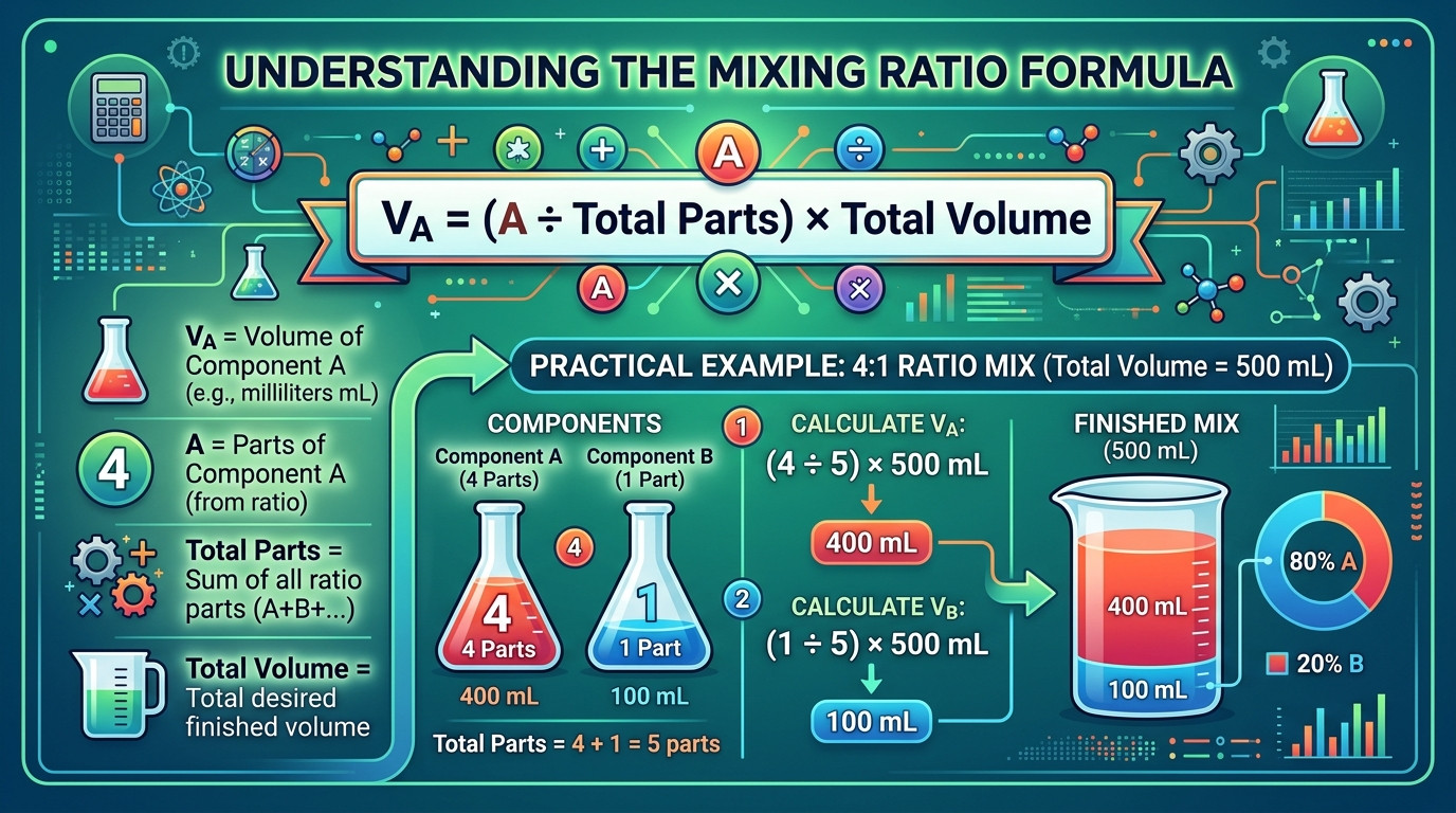 Mixing ratio calculator formulas showing component volume calculations and ratio conversions