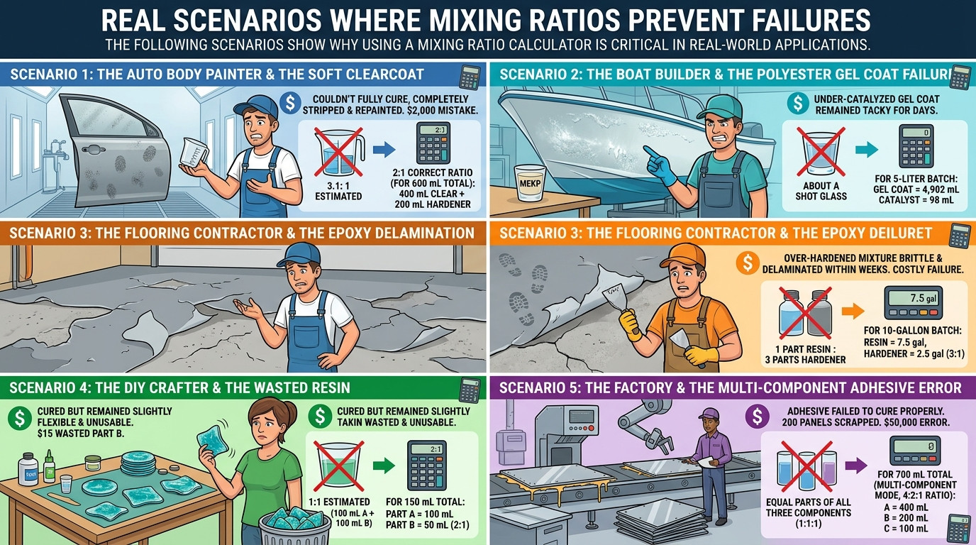 Mixing ratio calculator scenarios in automotive painting, epoxy fabrication, and industrial coatings