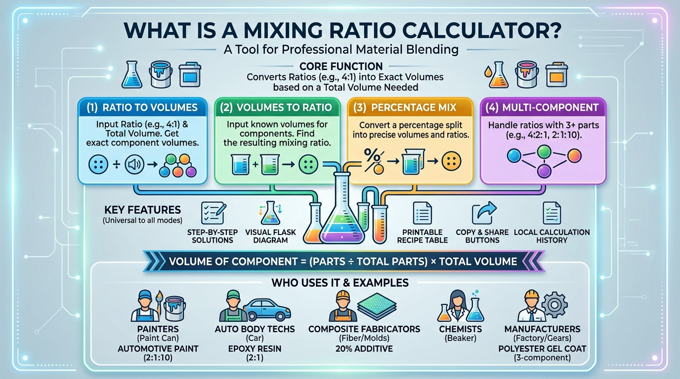 Mixing ratio calculator with paint cans, measuring cups, and industrial mixing equipment