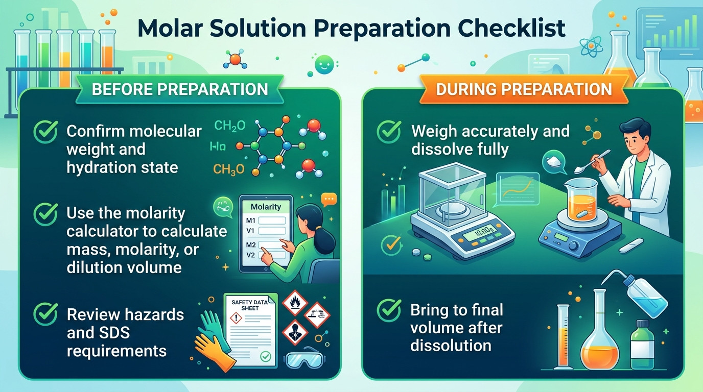 molarity calculator checklist for molecular weight mass final volume and labeling